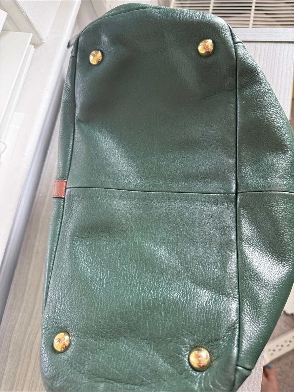 Isaac Mizrahi Dark Green Leather Messenger Bag with Brown Trim